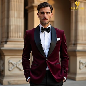 Men’s Burgundy Velvet Tuxedo 2-Piece Suit | Custom Tailored Formal & Wedding Attire | Ideal for Grooms | Elegant Gift for Him