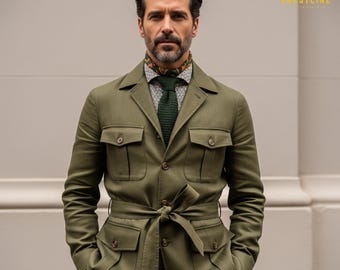 Vintage Olive Green Safari Suit: Men's Adventure Travel Outfit