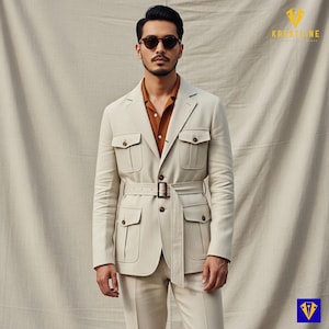 Men’s Vintage White Safari Suit | African Explorer Jacket & Trousers Set | Oversized Cargo Travel Wear | Adventure Outfit for Him