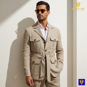Men’s Vintage Light Beige Safari Suit | African Explorer Jacket & Trousers Set | Oversized Cargo Travel Wear | Adventure Outfit for Him