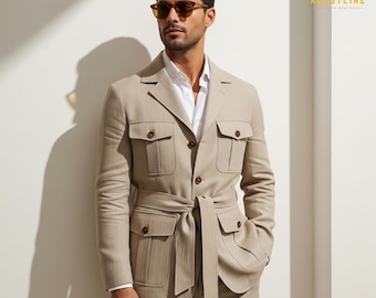 Men's Vintage Safari Suit: Light Beige African Explorer Outfit