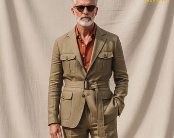 Vintage Olive Green Safari Suit: Men's Adventure Travel Outfit