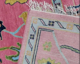 200x270 Rosa Oushak Teppich | Handgewebter türkischer Wollteppich | Blumiger Vintage Wohnzimmer-Teppich