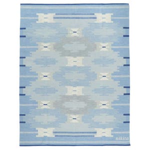 Scandinavian Blue Kilim Rug | Handwoven Flatweave Wool Carpet | Nordic Geometric Area Rug | Minimalist Coastal Home Decor