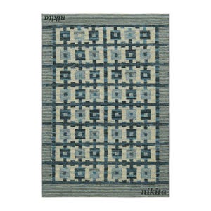 Handwoven Wool Kilim Rug Swedish Blue & Cream Geometric Flatweave