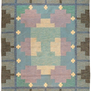 Vintage Ingegerd Silow Swedish Kilim Rug: Mid-Century Modern Geometric Wool Carpet
