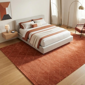 Terracotta Tufted Area Rug | Rust Boho Dash Pattern, Mid-Century Living Room Rug,100% premium wool.