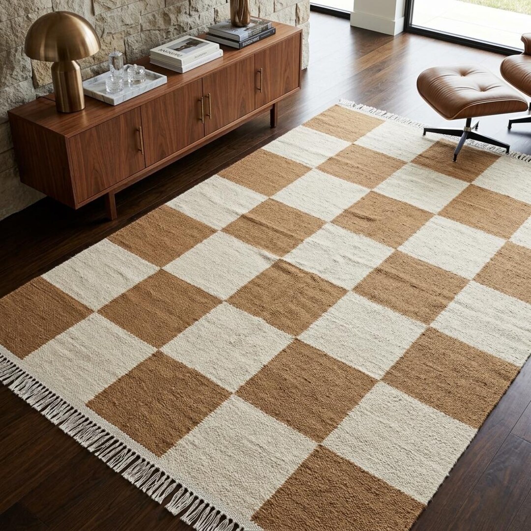 Checkboard Rug Pattern Seamless Brown Checkerboard Rug, Gingham Pattern Area Rug, Modern Minimalist ...