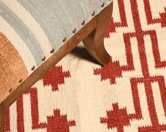 Alfombra kilim geométrica color crema óxido, alfombra tribal de tejido plano de lana