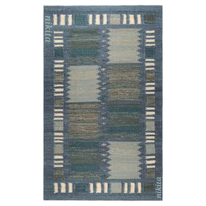 Swedish inspired Marianne Blue Geometric Wool Kilim Rug Handwoven Modern Scandinavian Style Flatweave Carpet by Rugsnikita