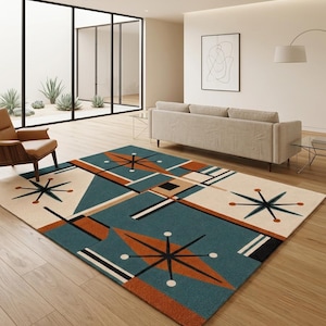 Könnte beinhalten: Ein rechteckiger Teppich mit einem geometrischen Muster in den Farben Petrol, Rostorange, Creme und Schwarz. Das Design umfasst stilisierte Sternformen, sich kreuzende Linien und einfarbige Blöcke in einer wiederkehrenden Anordnung.