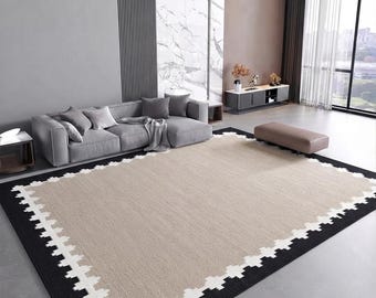 Beige, Black & Ivory Hand Tufted Wool Area Rug, Scandinavian Minimalist Border Design, Modern Nordic Geometric Carpet,Living Room Rug