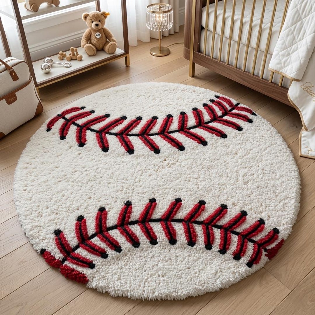 Baseball Rug Drawing 5x5 Feet Baseball Hand Tufted Rug, Sports Theme Kids Room Rug, Round ...