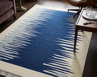 Alfombra Kilim abstracta azul, alfombra de lana de tejido plano para sala de estar