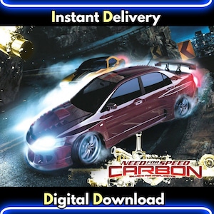 Puede incluir: Imagen ilustrada digitalmente con dos coches deportivos compitiendo en una carretera de montaña. El coche principal es un sedán granate con faros brillantes y un alerón. La imagen incluye el texto "Entrega instantánea" y "Descarga digital". El título del juego "Need for Speed Carbon" también es visible.