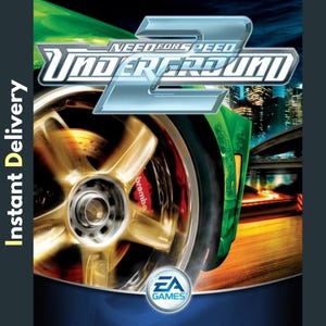 May include: The cover art for the video game Need for Speed Underground 2. The image features a close-up of a car's gold-colored wheel with a Brembo brake, a green car, and the game's logo. The EA Games logo is at the bottom.