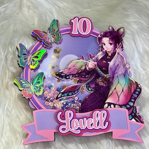 Bundle: Shinobu Kochō 3D Shaker Cake Topper and 15pcs Chip Bags | Demon Slayer Cake Topper | Personalized Name and Age | Cake Topper