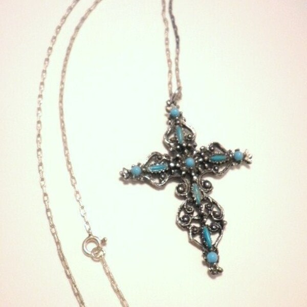 Vintage Beautiful Blue Enamel mixed with Turquoise on Pewter Cross with Chain