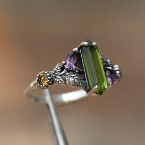 Natural Peridot & Amethyst and Citrine Lafe Ring: 925 Sterling Silver Band, Unique Design Ring