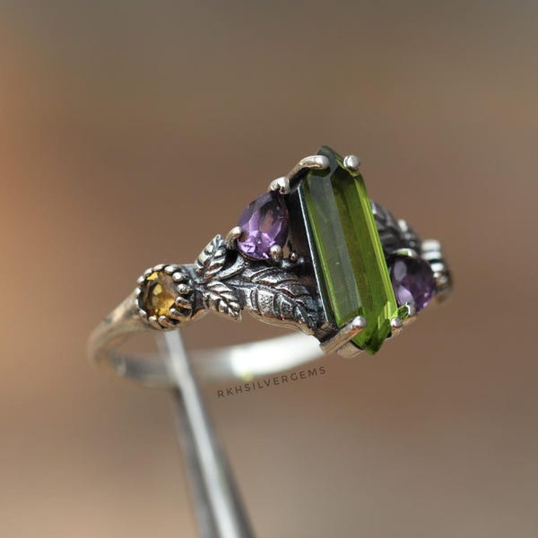 Natural Peridot & Amethyst and Citrine Lafe Ring: 925 Sterling Silver Band, Unique Design Ring