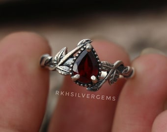Red Garnet Pear Cut Ring: 925 Starling Silver Band, Leaf Branch Style Ring
