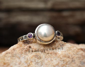 Natural Pearl and Amethyst Ring, 925 Sterling Silver Band, Designer Wedding Jewelry
