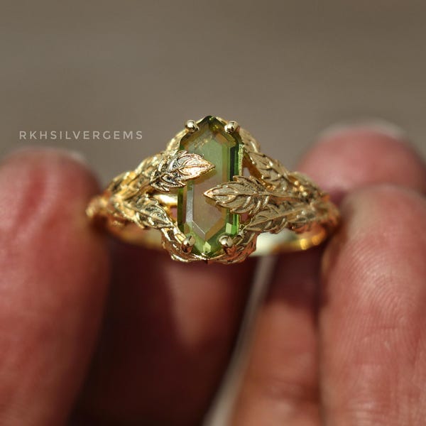 Verlobungsring mit Peridotblatt, 18 Karat vergoldeter Ring aus 925er Sterlingsilber, Geburtsstein für August