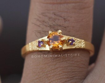 Natural Citrine & Amethyst Ring: Handmade18k Gold Plated 925 Sterling Silver, Yellow Gemstone, Amethyst Jewelry