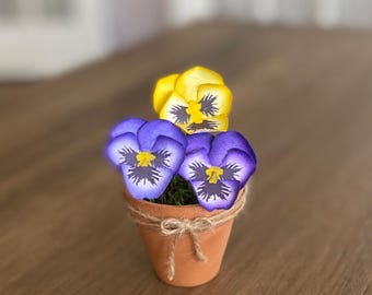 Handmade Small Paper Pansies in Terracotta Pot | Twine Accent | Home Decor | Gift