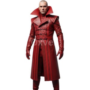 Red Leather Gothic Overcoat: Buckled Belted High Collar Warrior Coat