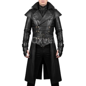 Black leather Corset for Halloween & Gothic Horror fashion - High Collar Regency Coat for Men&#39;s - Handmade Belted Motorcycle Trench Coat