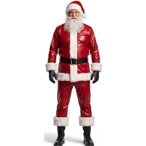 Kerstmanpak van echt leer: rood kerstkostuum met bontafwerking