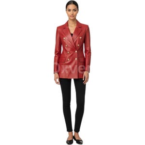 Roter Leder Statement Mantel für Frauen - Handgefertigter, Karminroter Zweireihiger Trenchcoat - Leder Statement Mantel - Gothic Mantel für LARP