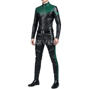 Men’s Genuine Leather Biker Suit - Black Green Motorcycle Set - Genuine Leather Jacket & Pants - Slim Fit Real Leather Outfit  - Two-Piece