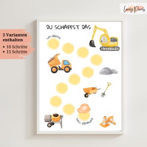 Può includere: Una stampa incorniciata con un tema di costruzione. L'opera presenta un escavatore giallo, un camion ribaltabile e altre attrezzature edili. Il testo "DU SCHAFFST DAS" è in alto, con frasi tedesche e cerchi gialli per il monitoraggio dei progressi.