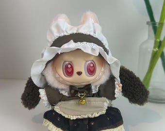 Muñeca Labubu: Lindo conjunto de vestido Lolita de chocolate y gorro blanco para muñeca Labubu Pop Mart. Ropa/Disfraz hecho a mano con volantes, lazo y campana.