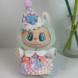 Labubu Doll Party Outfit – Pastel Plush Dress with Cute Hat | Handmade Soft Clothes for Labubu | Cute Dress Set | Kawaii Designer ToyCostume