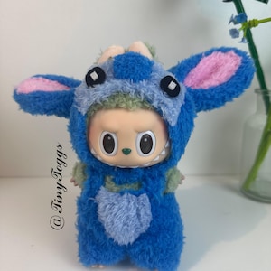 Labubu Plush Costume – Blue Monster Jumpsuit for Labubu Doll | Handmade Furry Toy Clothes | Kawaii Stitch-Inspired Doll Outfit Gift