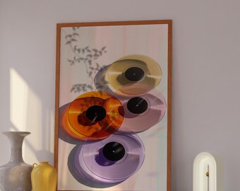 ビニールウォールアート：カラフルな透明ビニールレコード、モダンでミニマルな抽象的装飾（デジタルダウンロード）