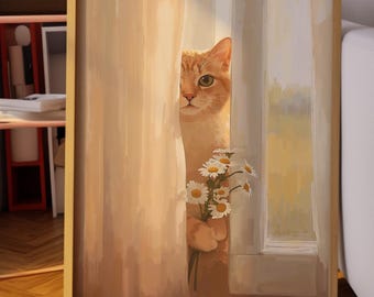 Arte de pared de gato pelirrojo: Póster de ventana suave de gato con flores