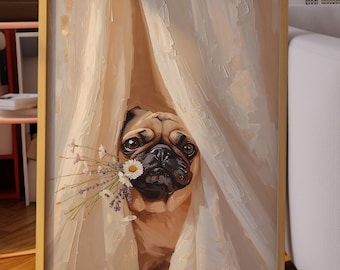 May include: A framed painting of a pug dog peeking through a curtain, holding a daisy and other small flowers in its mouth. The painting has a gold frame and is set in a living room with a sofa and a window.
