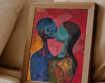 Couple Wall Art : Modern Colorful Love Painting, Emotional Expressionist Print