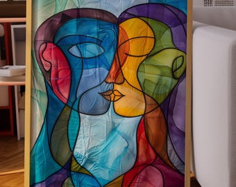 Couple Wall Art : Modern Colorful Face Line Art, Romantic Abstract Print