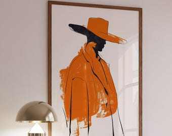 Cowboy-väggkonst: Minimalistisk västerländsk silhuett, orange modern poster