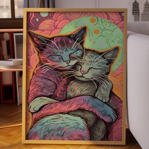 Abstract Cat Art Print: Colorful Whimsical Feline Illustration