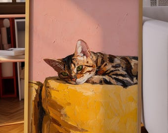 Väggkonst Bengalkatt: Texturerat penseldragsdjursporträtt, rosa och gul oljemålning