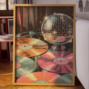 Disco Ball & Vinyl Records Wall Art, Retro Dance Party Print, Colorful Music Poster, 70s 80s Funk Vibes Home Decor, Dopamine Decor