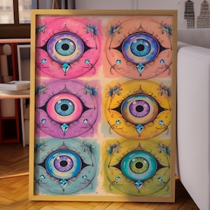 Colorful Eyeball Poster, Mystic Eye Wall Art Print, Colorful Surreal Eyes with Crystals & Flowers, Psychedelic Boho Decor Poster