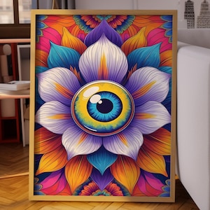 Psychedelic Eye Flower Art Print, Trippy Visionary Wall Decor, Colorful Eyeball Poster, Surreal Boho Artwork, Vibrant Spiritual Design