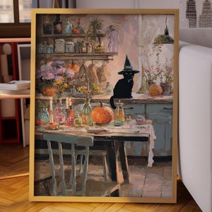 Witch&#39;s Kitchen Cat, Cozy Halloween Black Cat Art, Pumpkin Still Life Painting, Magical Autumn Witchy Wall Decor